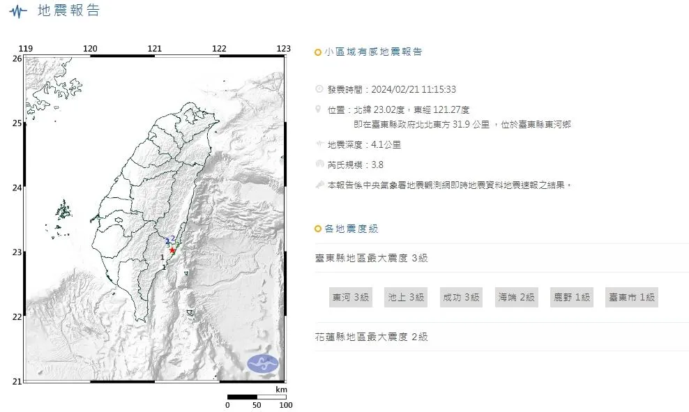 快訊/就在剛剛11:15地牛翻身！震央台東東河　規模3.8極淺層地震