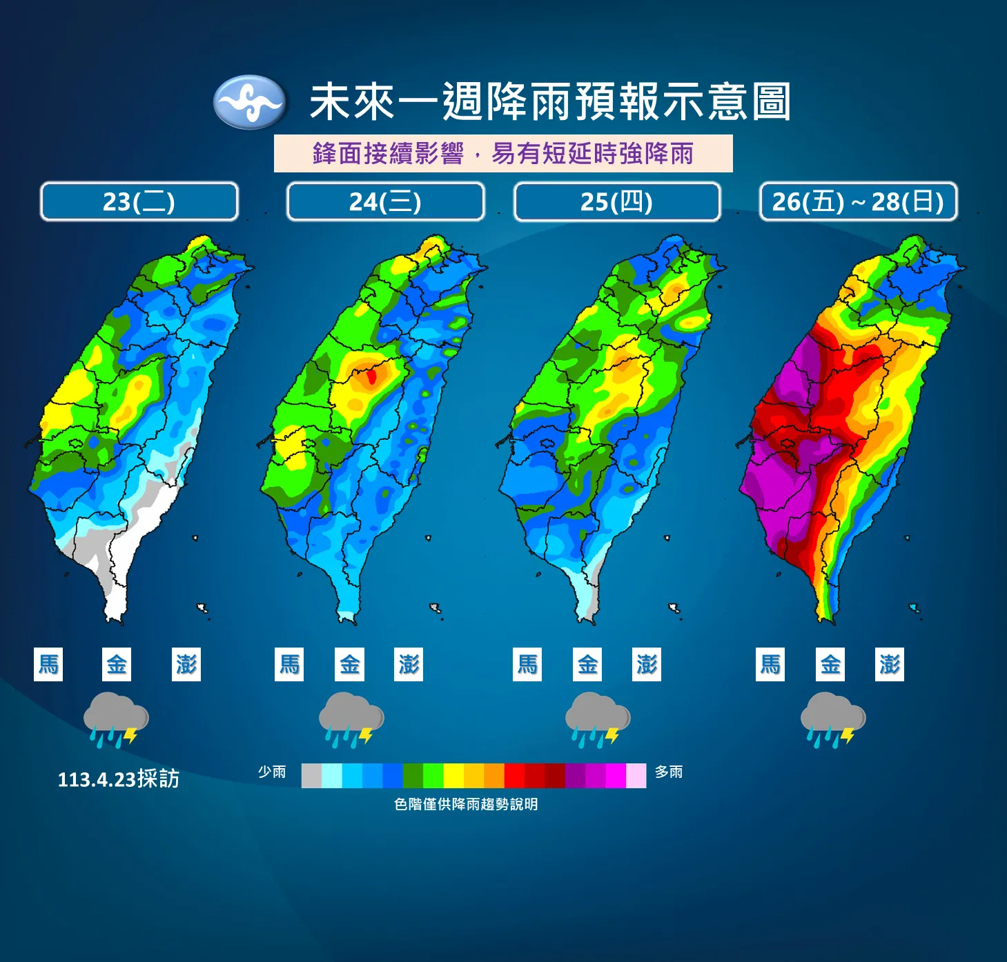 入夜後「劇烈降雨」！4/26至4/28半個台灣「紅到紫爆」